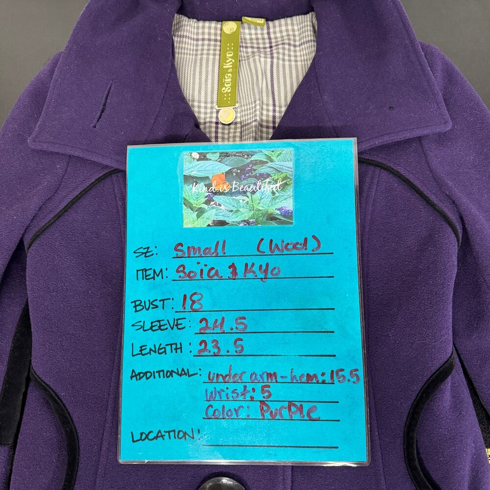 Soia & Kyo Women's Wool Jacket SZ S Peacoat Purple Button Up Funnel Neck Short - Picture 12 of 12